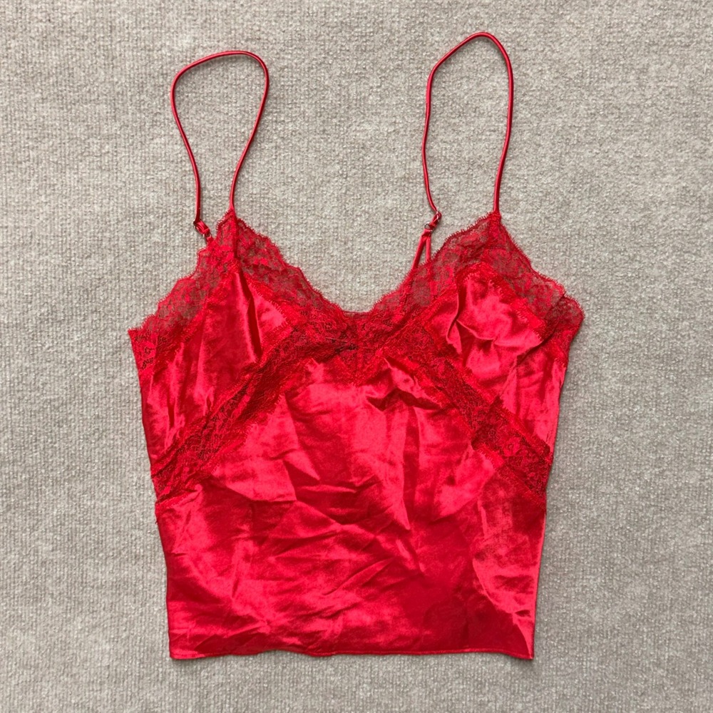 Victoria's Secret Women Camisole Top Red Satin Lace Lingerie Size M Polyester